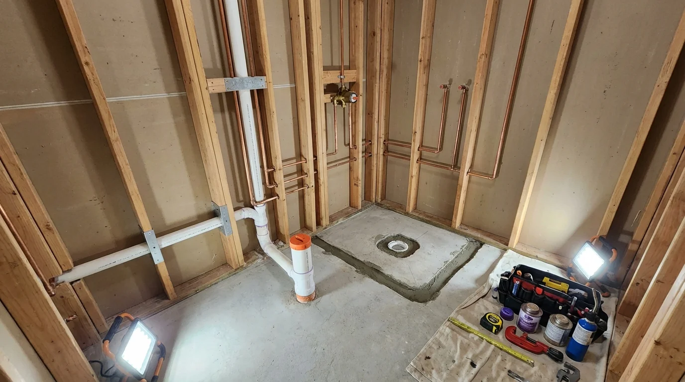 Bathroom rough-in plumbing during remodel by Johns Plumbing LLC in Inman